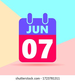 flat lay modern pastel colored 7 june number and calendar icon with shadow on blue and pink background