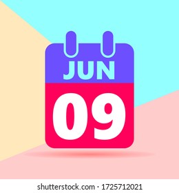 flat lay modern pastel colored 9 june number and calendar icon with shadow on blue and pink background