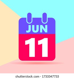 flat lay modern pastel colored 11 june number and calendar icon with shadow on blue and pink background