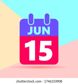flat lay modern pastel colored 15 june number and calendar icon with shadow on blue and pink background