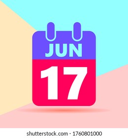 liso plano moderno color pastel número 17 de junio e icono del calendario con sombra sobre fondo azul y rosa