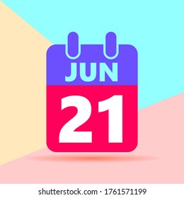 flat lay modern pastel colored 21 june number and calendar icon with shadow on blue and pink background