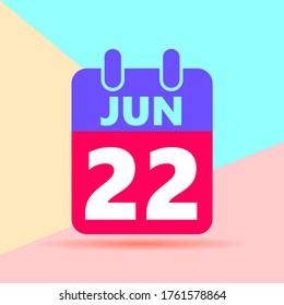 flat lay modern pastel colored 22 june number and calendar icon with shadow on blue and pink background