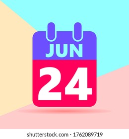 flat lay modern pastel colored 24 june number and calendar icon with shadow on blue and pink background