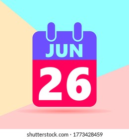 flat lay modern pastel colored 26 june number and calendar icon with shadow on blue and pink background