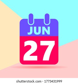 flat lay modern pastel colored 27 june number and calendar icon with shadow on blue and pink background