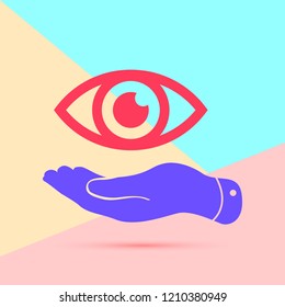 flat lay modern pink flat hand represents the eye icon with shadow on pastel colored blue and pink background