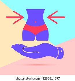 flat lay modern pink flat hand showing weight loss concept icon with shadow on pastel colored blue and pink background