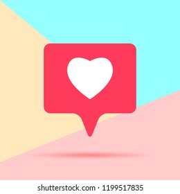 flat lay modern pink heart like social media icon with shadow on pastel colored blue and pink background. Pink bubble  icon for live stream video, chat, likes, websites, blog