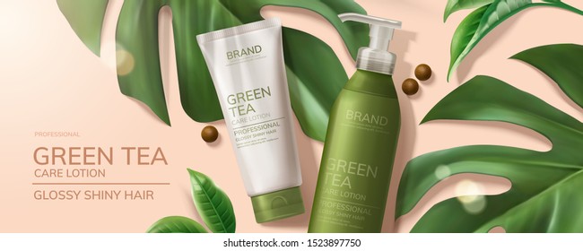 Flat lay natural green tea skincare products with tropical leaves on pink background in 3d illustration Flat lay natural green tea skincare products with tropical leaves on pink background in 3d illustration