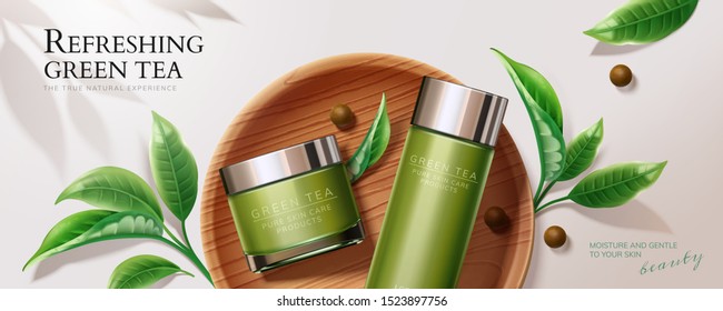 Flat lay natural green tea skincare banner ads with containers and leaves in 3d illustration