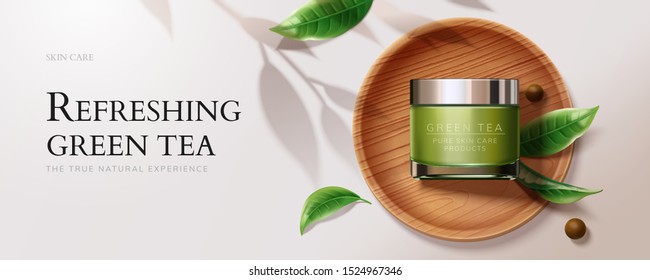 Flat lay natural green tea skincare banner ads with cream jar and leaves in 3d illustration