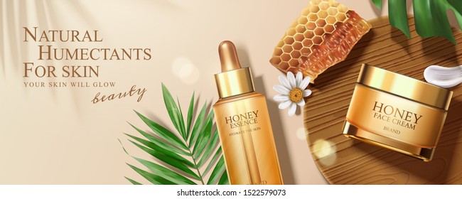 Flat lay natural honey skincare banner ads with tropical leaves in 3d illustration