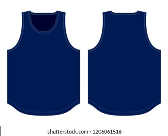 Flat Lay Navy Blue Tank Top with Curve Hem Template on Background. Front and Back Views, Vector File.