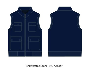 Flat Lay Navy Blue Vest with Multiple Pockets Template on Gray Background. Front and Back Views, Vector File.