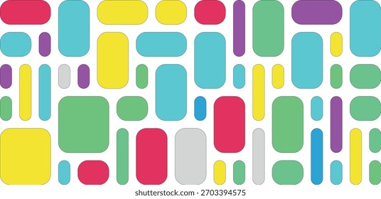 A flat lay of numerous brightly colored, rounded rectangular and oval shapes arranged in a scattered pattern against a white background.