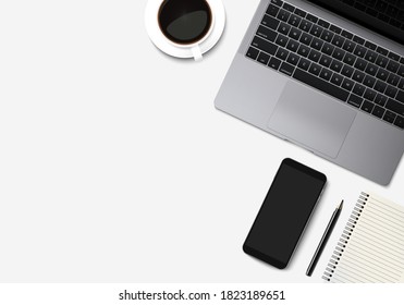 Flat lay of office desk with laptop, smartphone, coffee cup pen and notebook with copy space background. Top view modern workspace. Realistic objects mockup vector illustration