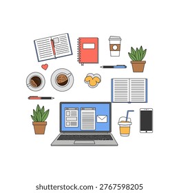 Flat lay of office supplies and laptop on white background