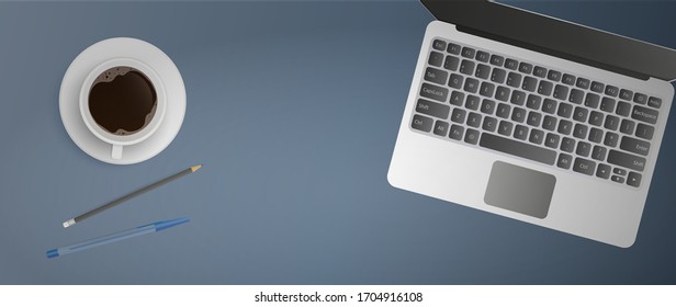 Flat lay of office workplace. Work table top view. Open laptop, cup of coffee, pen, pencil. Realistic vector illustration.