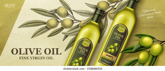 Flat lay olive oil ads with woodcut style olive branch in 3d illustration