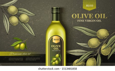 Flat lay olive oil ads with woodcut style olive branch in 3d illustration