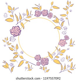 Flat lay on the autumn theme. Yellowed leaves, dry twigs and pink roses. Background. Circle for text from plants