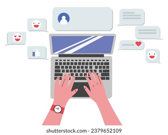 Flat lay on hands chatting on social network via laptop, isolated vector illustration in flat design