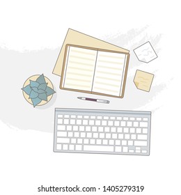 Flat lay with open book, keyboard and notes, mockup isolated on white top view. Vector illustration. Concept web cover or banner for blogger or online education.