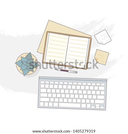 Flat lay with open book, keyboard and notes, mockup isolated on white top view. Vector illustration. Concept web cover or banner for blogger or online education.
