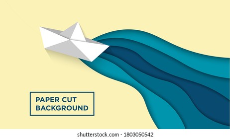 Flat lay paper art of sailing boat vector illustration, good for abstract background,wallpaper and backdrop