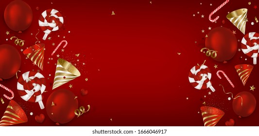 Flat lay party decorations for birthday banner. Red background with balloons, party hats, lollipops,confetti.Top view.Horizontal cover for social media networks,holidays invitation, promotion.Vector