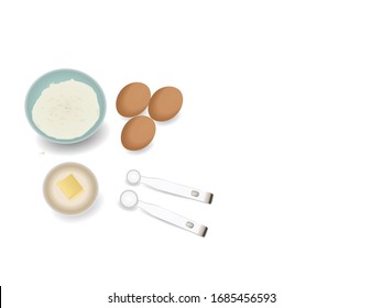 Flat lay of pastry bake cooking ingredients with copy space illustration vector. Flour in bowl, butter, eggs and cooking spoon with sugar.