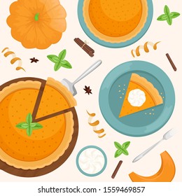 Flat lay with A piece of Christmas pumpkin pie on a wooden Board. Flat lay