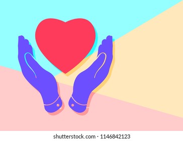 flat lay pink heart icon in violet hands on pastel colored minimal background