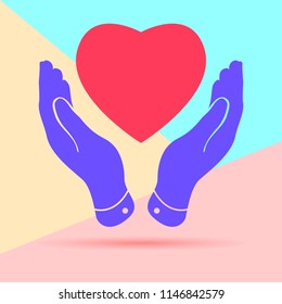 flat lay pink heart icon in violet hands on pastel colored minimal background