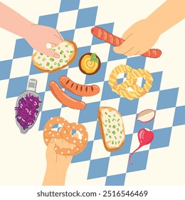 Flat lay postcard with traditional German food: pretzel, sausages, mustard, bread with green onion, radish. Hand drawn trendy flat vector illustrations for bar menu, beer and food festival.