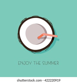 Flat lay poster with coconut cocktail. Vector illustration.