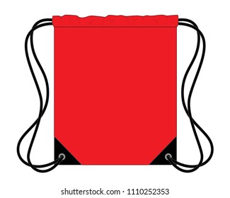 Flat Lay Red Drawstring Bag with Black Rope Design on White Background, Vector File.