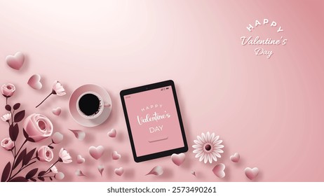 Flat lay of A romantic Valentine's Day with a pink background featuring a coffee cup, pink roses,elect tablet  3D hearts and elegant floral , perfect for background celebrations or greetings.