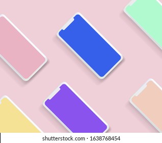 Flat lay scene with colorful mobile phones for UI and UX presentation. Realistic 3D vector illustration, mockup template in pastel colors.