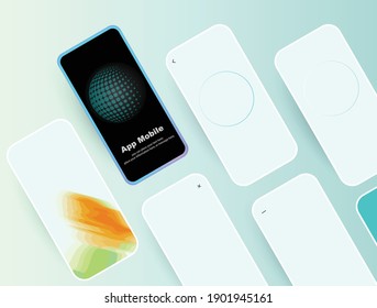 Flat lay scene with soft green mobile phones for UI and UX presentation. Realistic 3D vector, mockup template in pastel colors.