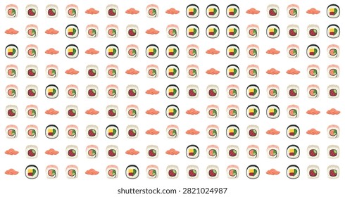 Flat lay seamless pattern featuring various sushi rolls and pink salmon nigiri arranged on a white surface