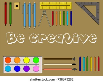 Flat lay set of drawing and working instruments on brown background. Top view. Your text.