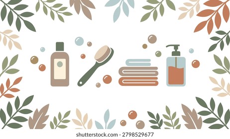 Flat lay of skincare and personal care products with towels and brush for a calm self-care routine