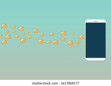 flat lay smatrphone with flying envelopes on soft blue background in concept of receiving a lot of messages
