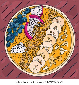 Flat lay Smoothie bowl, Açai bowl with blueberry, banana, dragonfruit and granola. Healthy breakfast. Great for Spring or Summer backgrounds, cards, banners. Vector