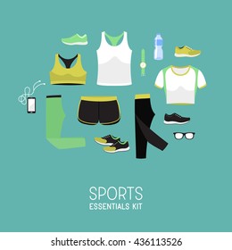 Flat Lay Sport Women Clothes. Gym Basic Shoes / Tee / Pants. Lady Sports Wear. Graphic Vector Illustration.