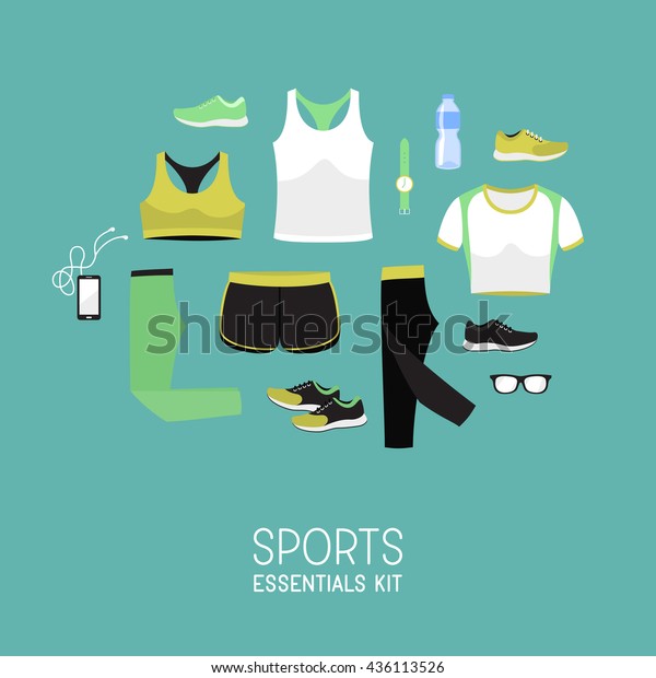 Flat lay sport women\
clothes. Gym basic shoes / tee / pants. Lady sports wear. Graphic\
vector illustration.