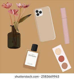 Flat lay of stationery: Coffee, Perfume, Lipstick, Floral Envelope, and Vase with Flowers, pens, binder clip, floral notebooks, envelope, and notepad. Aesthetic vector illustrations.