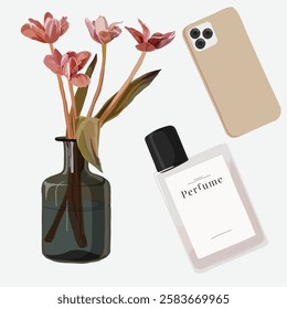 Flat lay of stationery: Coffee, Perfume, Lipstick, Floral Envelope, and Vase with Flowers, pens, binder clip, floral notebooks, envelope, and notepad. Aesthetic vector illustrations.